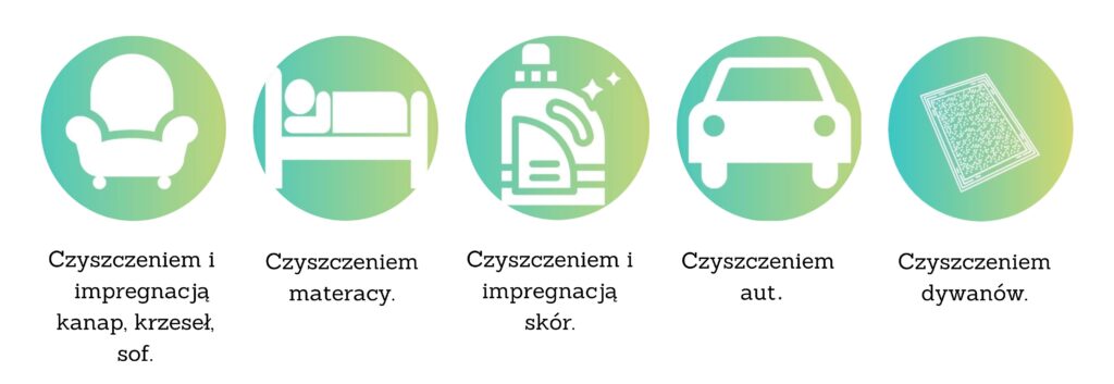 Ikony z podpisami czym zajmuje się firma -czyszczenie i pranie tapicerki itd.